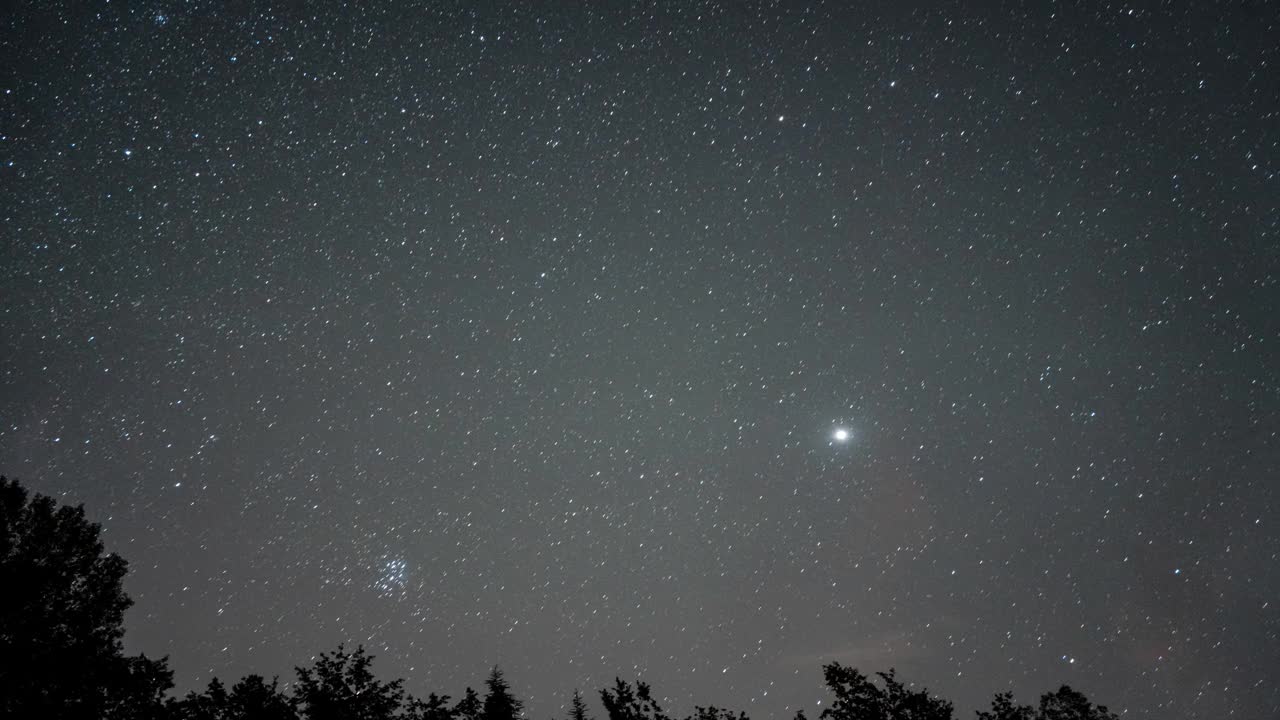 星光灿烂的夜空，明亮的天体，地平线上树木的剪影，宁静，时间流逝视频素材