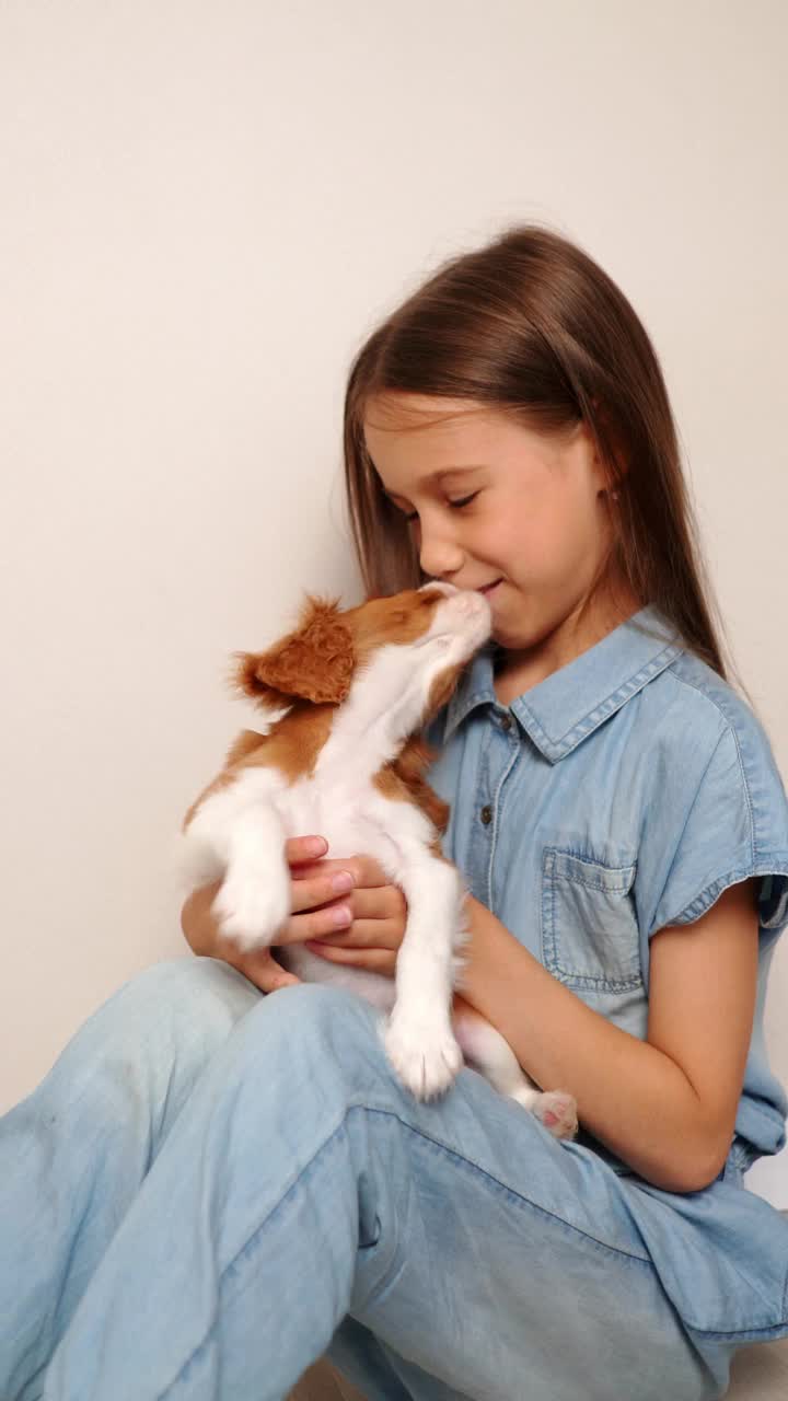 女孩坐在室内的地板上，把可爱的娇生不养的骑士查尔斯国王猎犬放在腿上，温柔地拥抱她。家庭主妇和她的第一只宠物。爱心观念，关爱动物。垂直视频素材