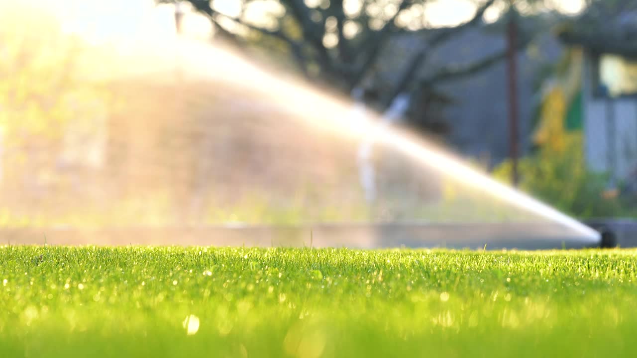 日落时分，夏日花园的塑料洒水车用水灌溉草地。在旱季给绿色植物浇水以保持其新鲜。视频素材