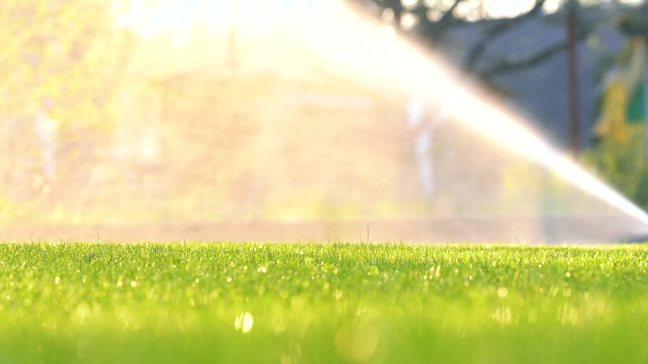 日落时分，夏日花园的塑料洒水车用水灌溉草地。在旱季给绿色植物浇水以保持其新鲜。视频素材