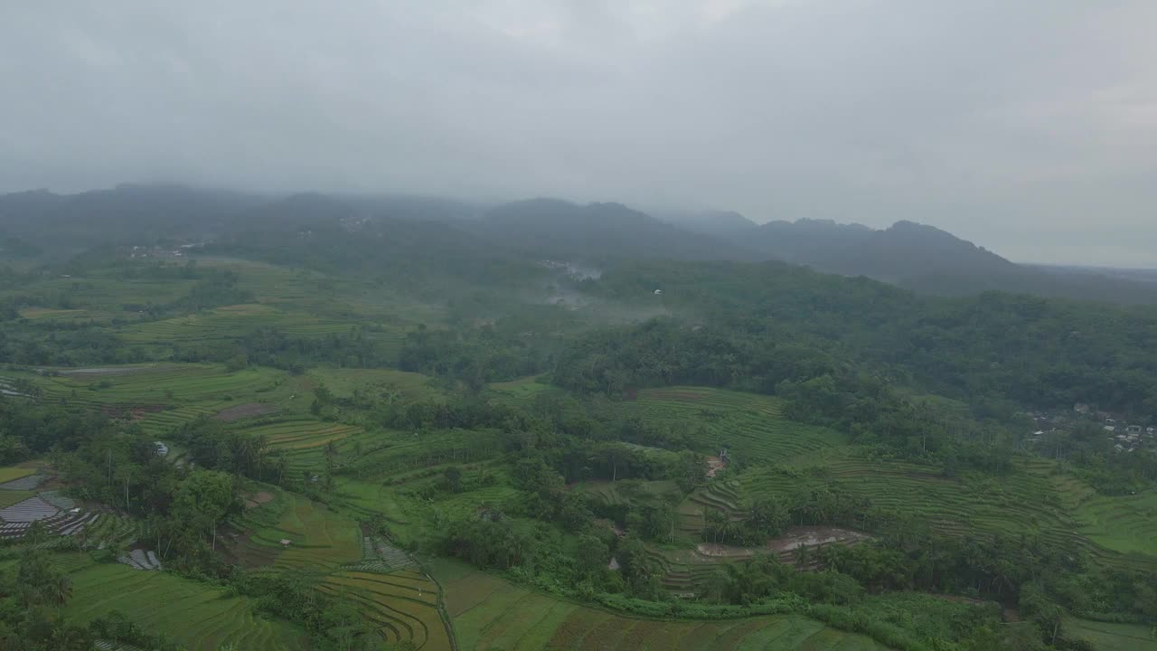 在雾蒙蒙的一天鸟瞰印尼的乡村风景。视频素材