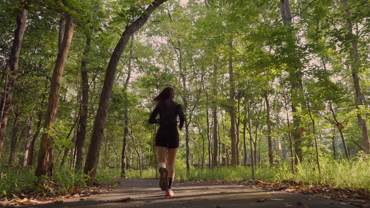 一个女人跑过森林，周围是树木和树叶视频下载