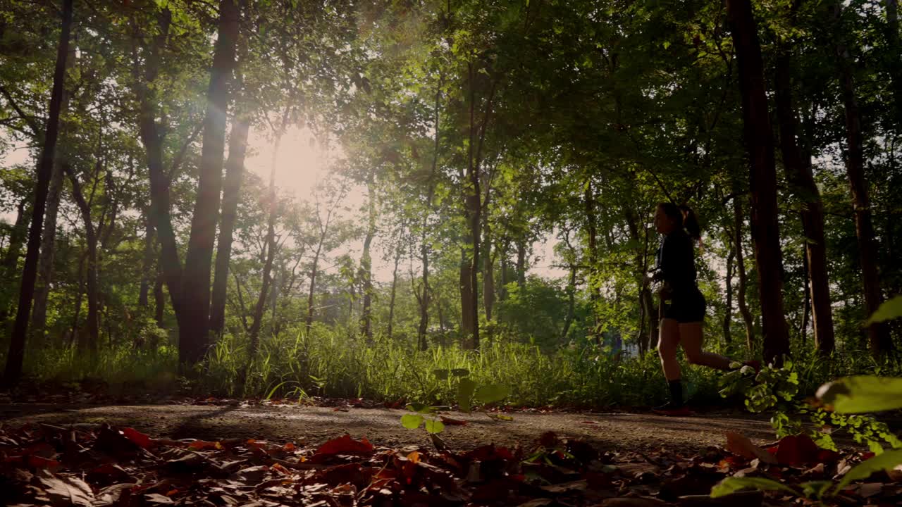 一个女人正跑着穿过森林，阳光照在她身上视频下载
