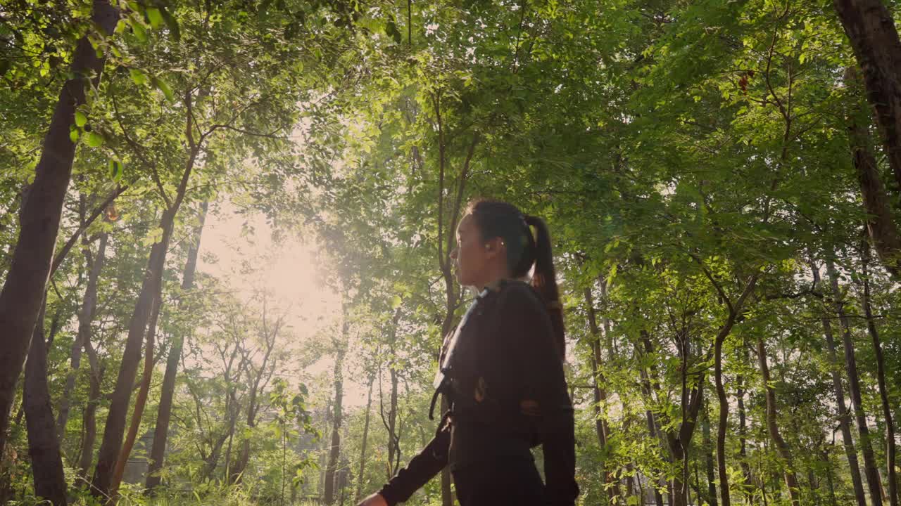 一个女人正穿过森林，森林的背景是树木视频下载