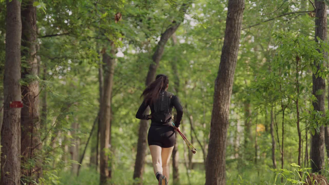 一个女人手里拿着弓和箭，正跑过森林视频下载