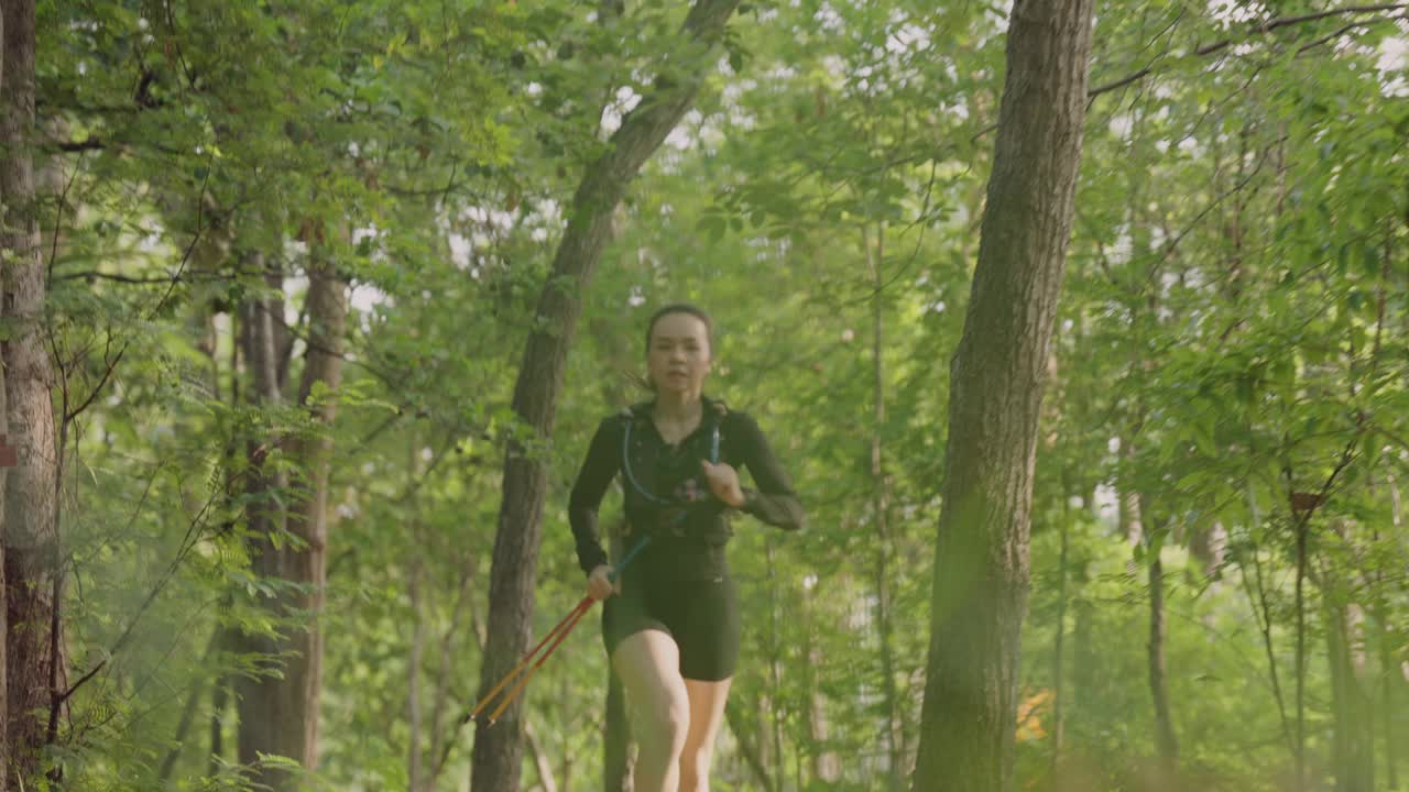一个女人手里拿着一根棍子跑过森林视频下载