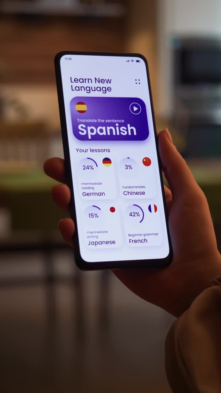 在线学习一门外语。使用智能手机上的电子学习应用程序进行在线学习。在线语言测试。虚构的接口。视频素材