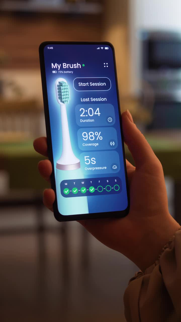 在智能牙刷应用程序上阅读牙齿护理提示。使用连接到智能手机应用程序的声波电动牙刷。虚拟界面。视频下载