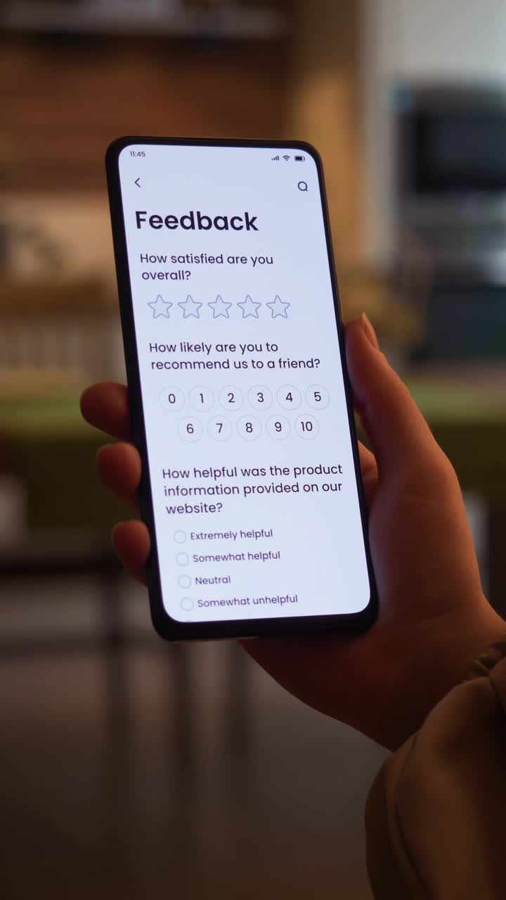 使用智能手机进行在线客户满意度调查。虚构的接口。视频下载