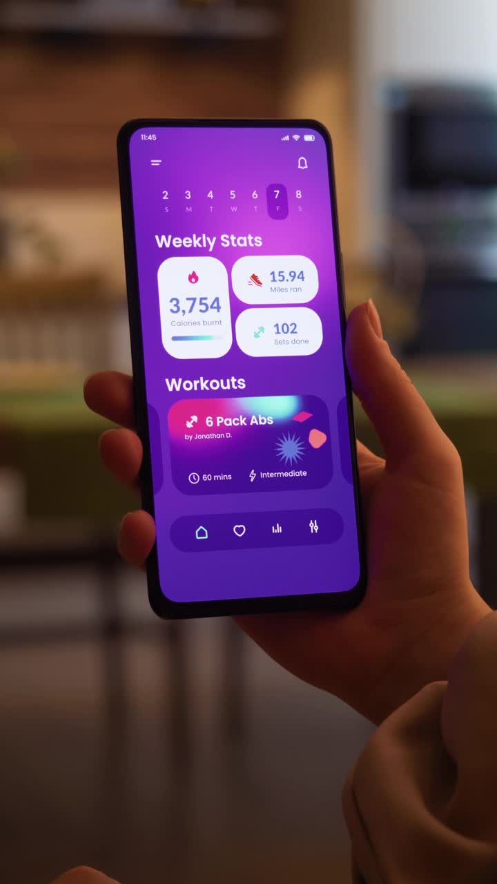在智能手机上跟踪健身活动。使用手机app查看锻炼数据。虚构的接口。视频素材
