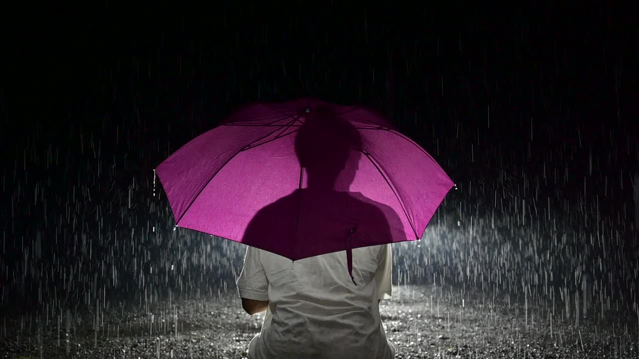 女人撑着伞独自走在下雨天的路上。慢镜头。视频素材