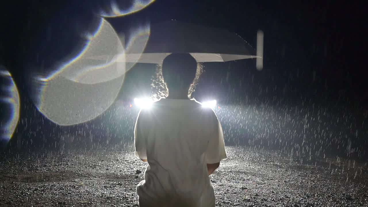 女人撑着伞独自走在下雨天的路上。慢镜头。视频素材