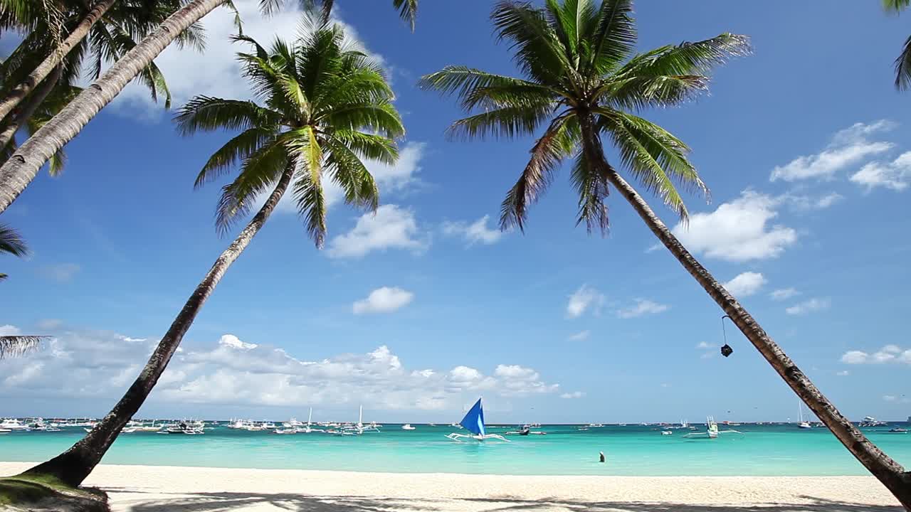 原始的海滩上有棕榈树，白色的沙滩和绿松石般的热带海洋。旅游目的地视频素材