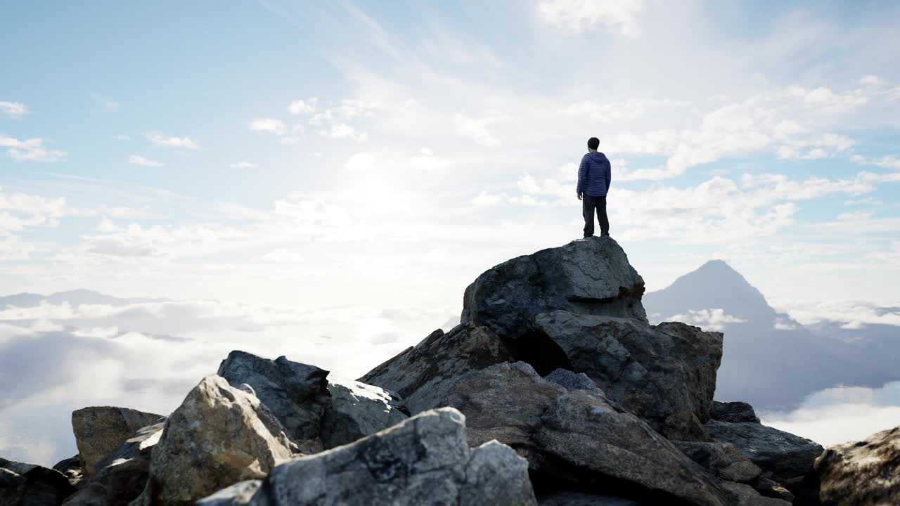 爱冒险的男性徒步旅行者站在群山环绕的岩石悬崖上。晴天和阴天。3D渲染。视频素材