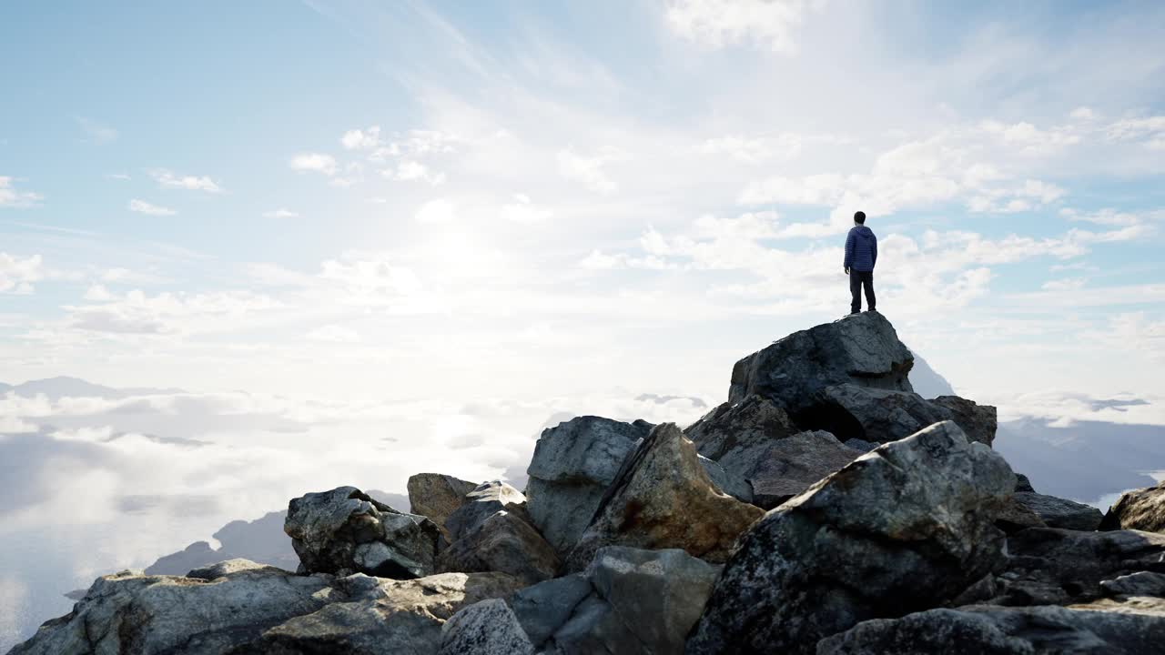 爱冒险的男性徒步旅行者站在群山环绕的岩石悬崖上。晴天和阴天。3D渲染。视频素材