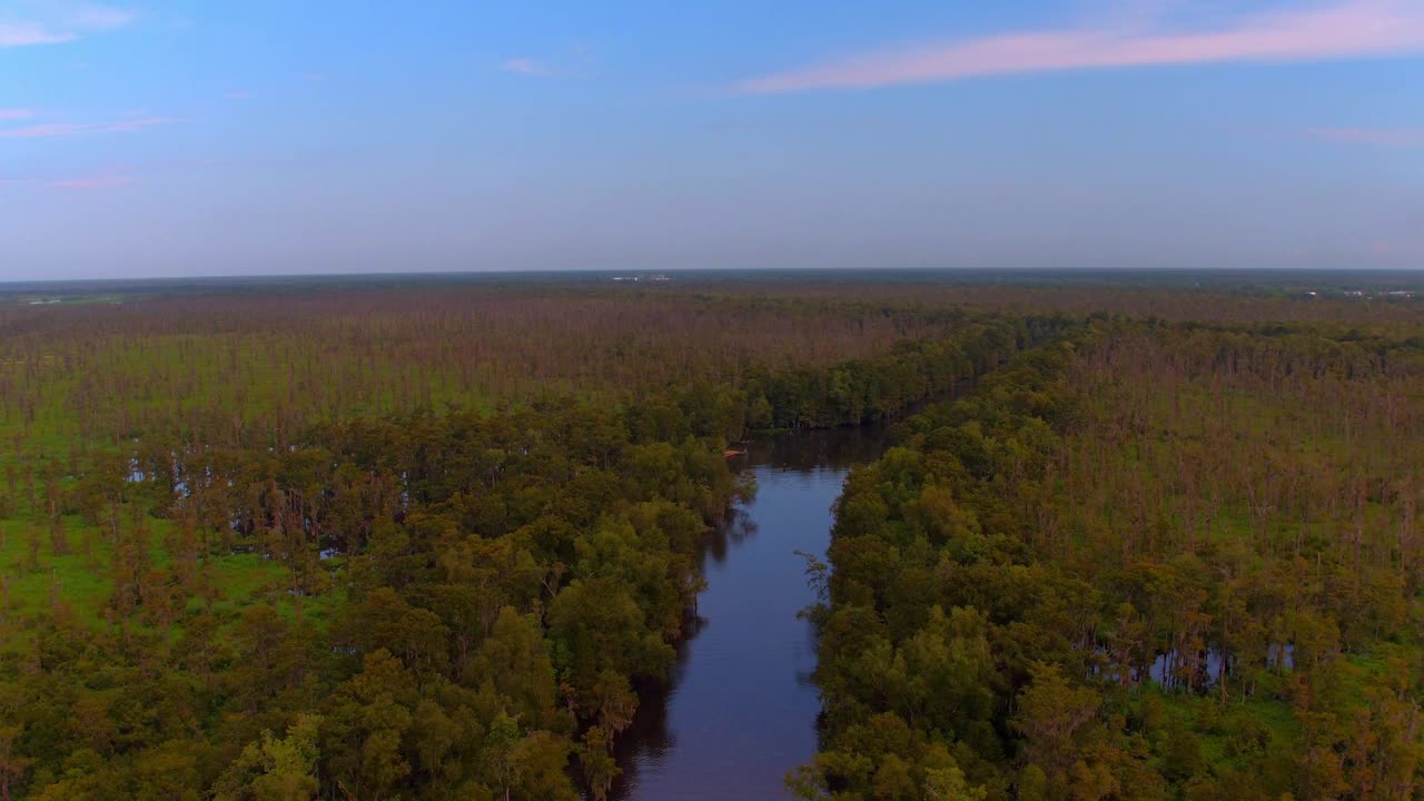 汽艇在宁静的绿色丛林中荡漾的河溪上移动的航拍镜头- Bayou Vista，德克萨斯州视频素材