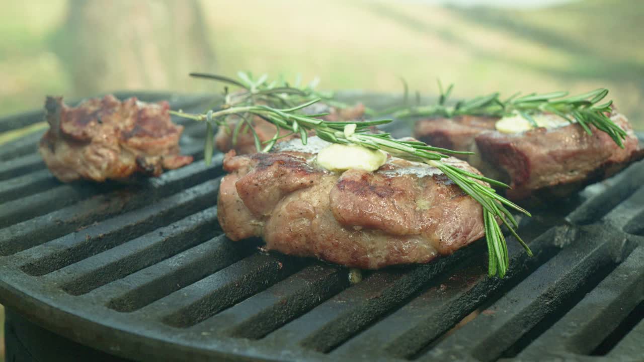 在格子和明火上准备肉视频下载