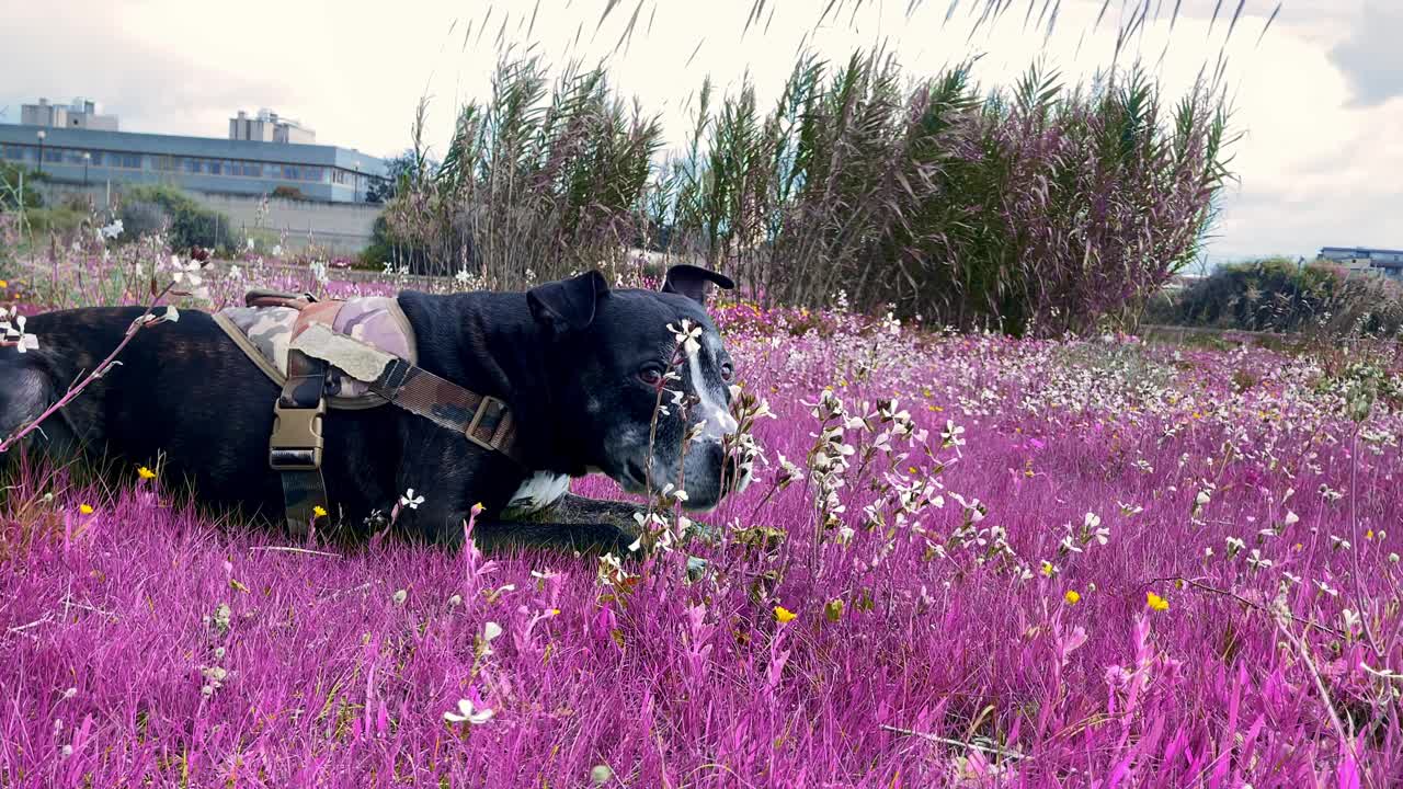 一只黑色的美国比特斗牛犬躺在鲜花盛开的粉色草地上视频下载