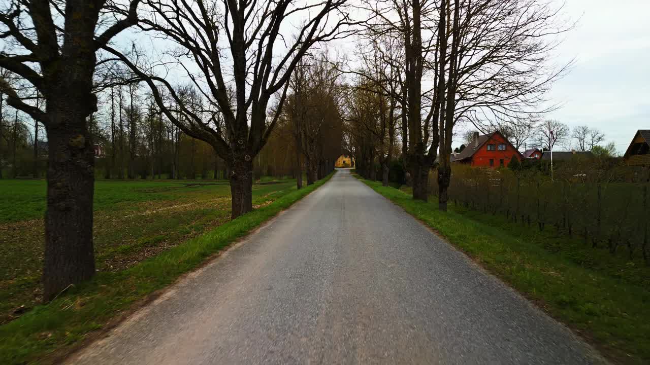 在广阔的蓝天下，绿树成荫的道路穿过一片草地视频素材