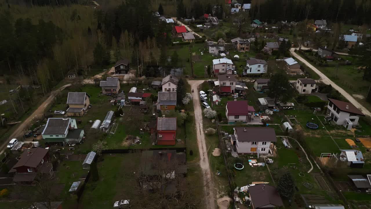 住宅区鸟瞰图，许多房屋被树木包围视频素材