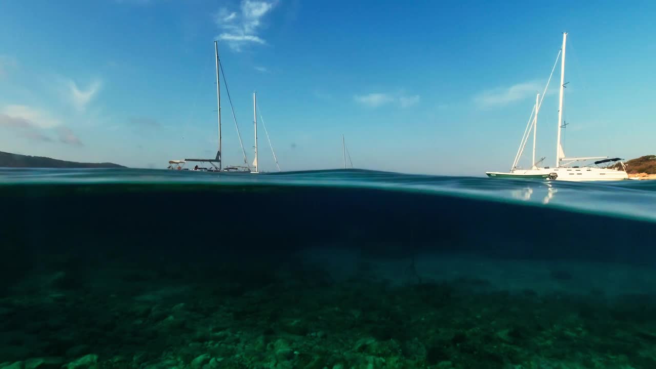 一个风景如画的海湾，在一个阳光明媚的夏日停泊着游艇。上上下下视频素材