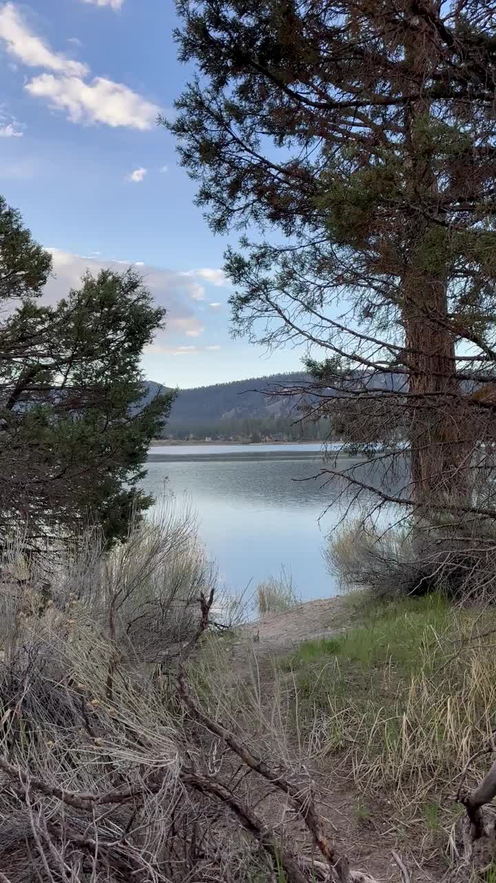 一个宁静的视频捕捉早晨的薄雾轻轻地上升在一个平静的山湖，被郁郁葱葱的绿色植物和镜像云上面。视频素材