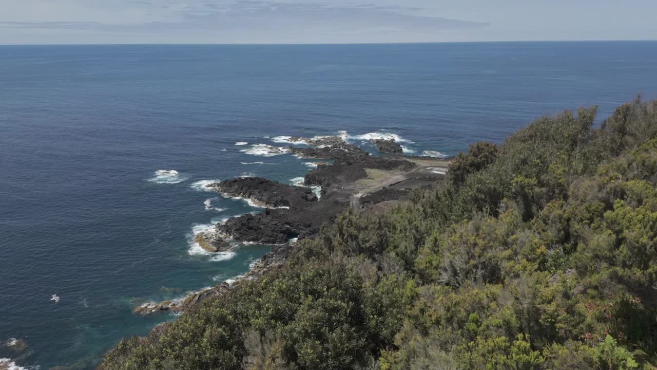 葡萄牙若昂邦蓬塔达费拉里亚的海岸线景观，以岩石海岸和郁郁葱葱的植被为特色视频素材