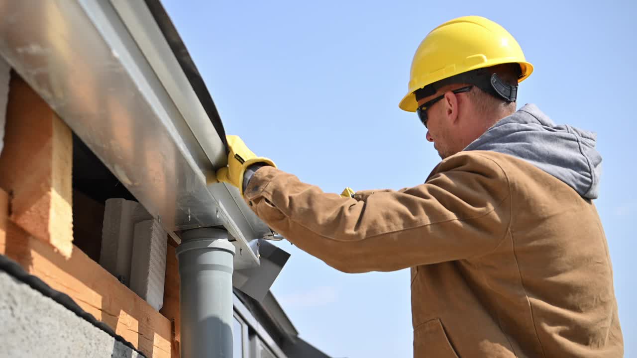 戴安全帽的男子在屋顶排水沟上工作视频素材