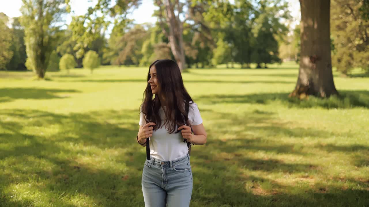 夏天的一天，年轻的女旅游学生背着背包在公园里散步，欣赏大自然，环顾四周，对着镜头开心地微笑视频素材