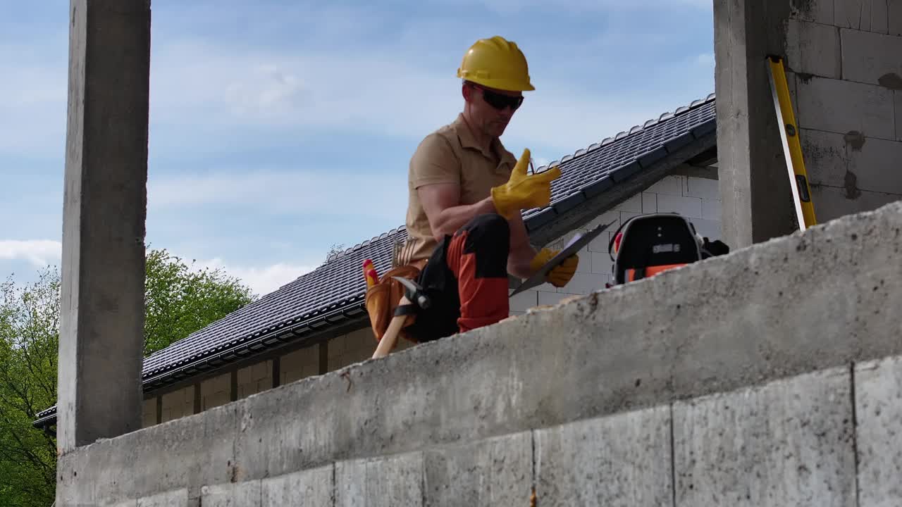 在混凝土墙上工作的建筑工人视频素材