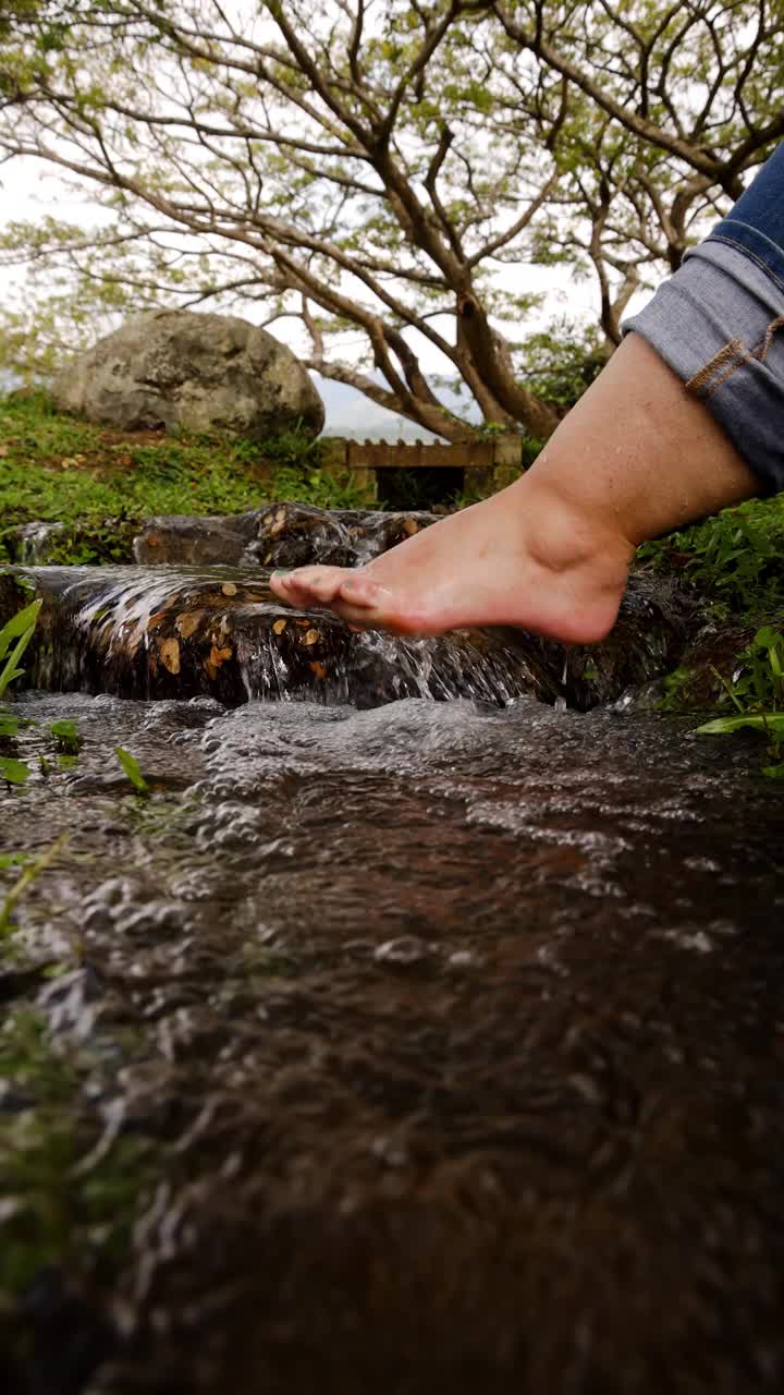 女人的脚浸在溪水里视频素材