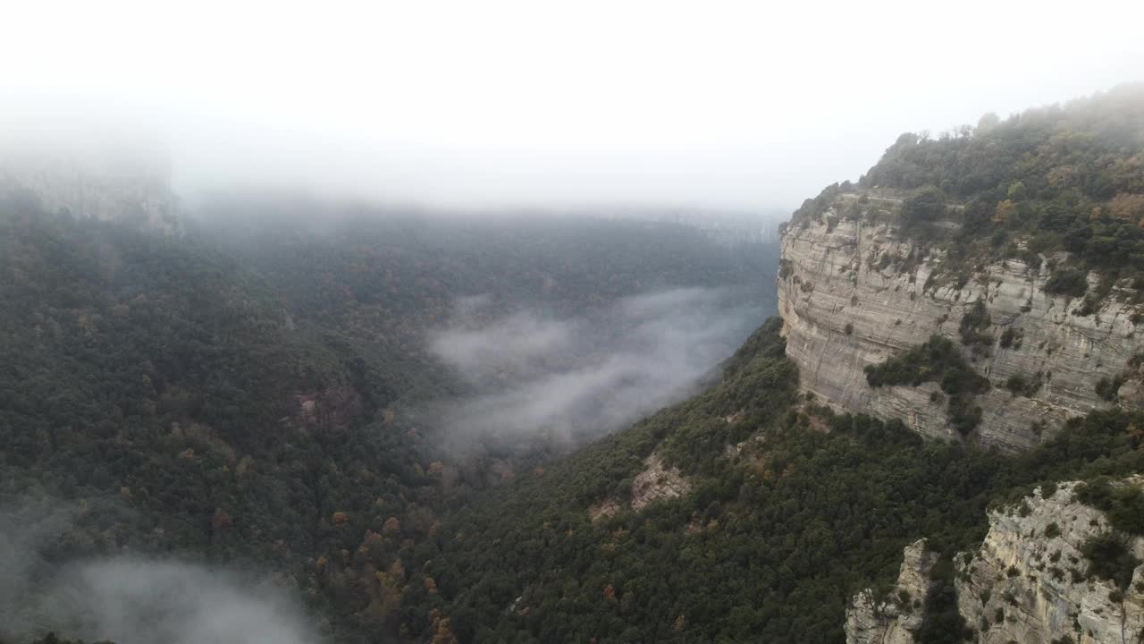 朦胧的峡谷在奥索纳，巴塞罗那与浓雾笼罩着茂密的森林和陡峭的悬崖，广阔的鸟瞰视频素材