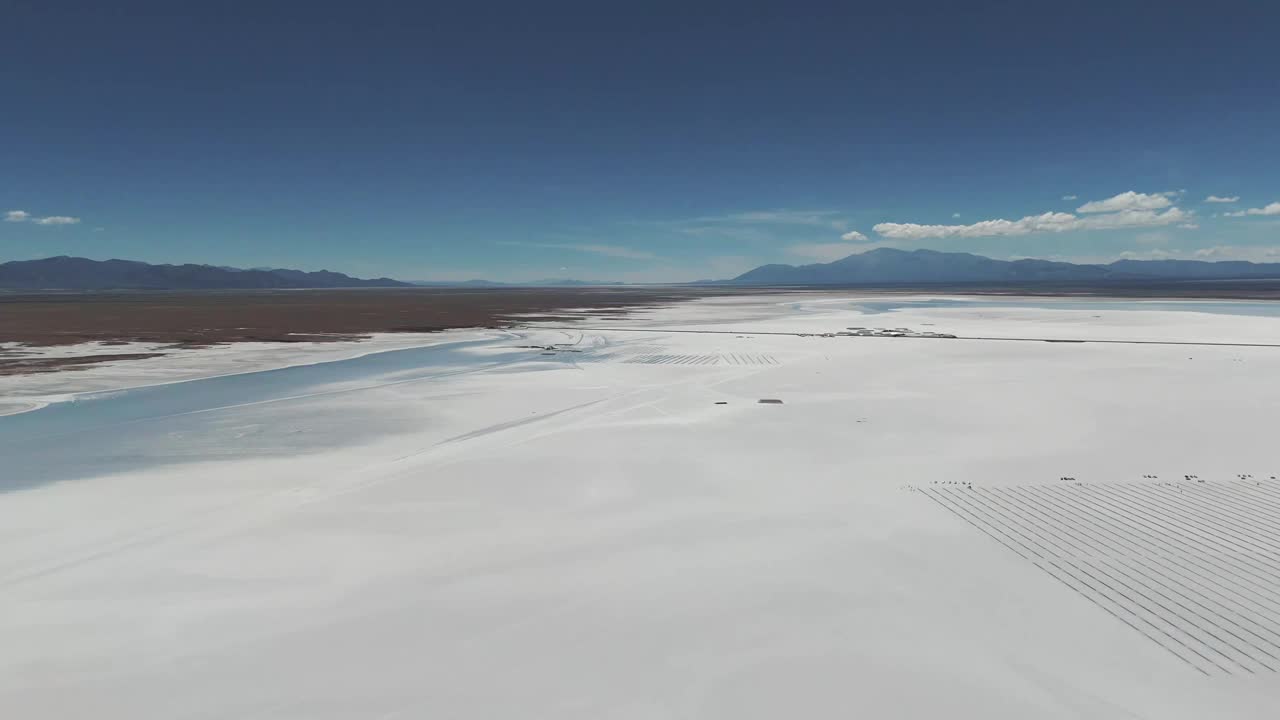 风景与山在地平线上的萨利纳斯大盐滩白色沙漠在胡胡伊，阿根廷。鸟瞰图4k视频素材