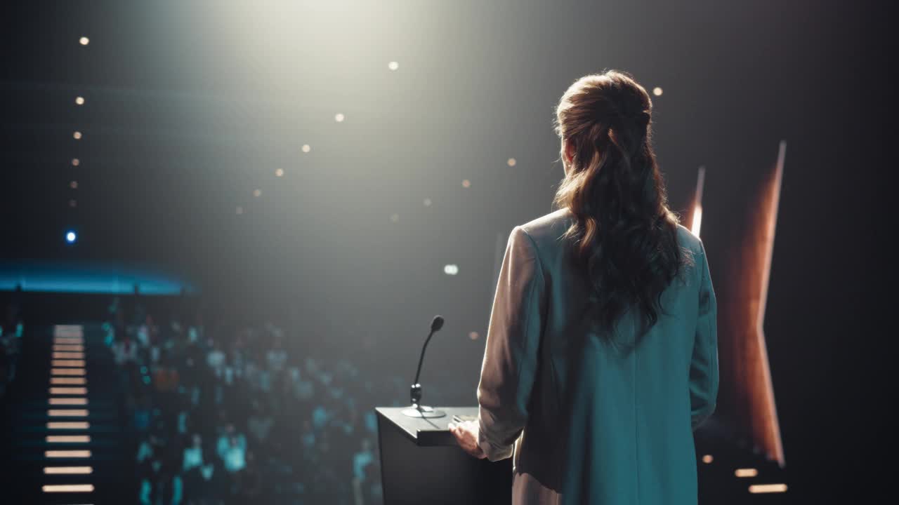 美丽的个人成长主讲人在舞台上发表励志演讲，主持医疗保健研讨会，帮助企业家克服他们的个人和专业挑战视频素材