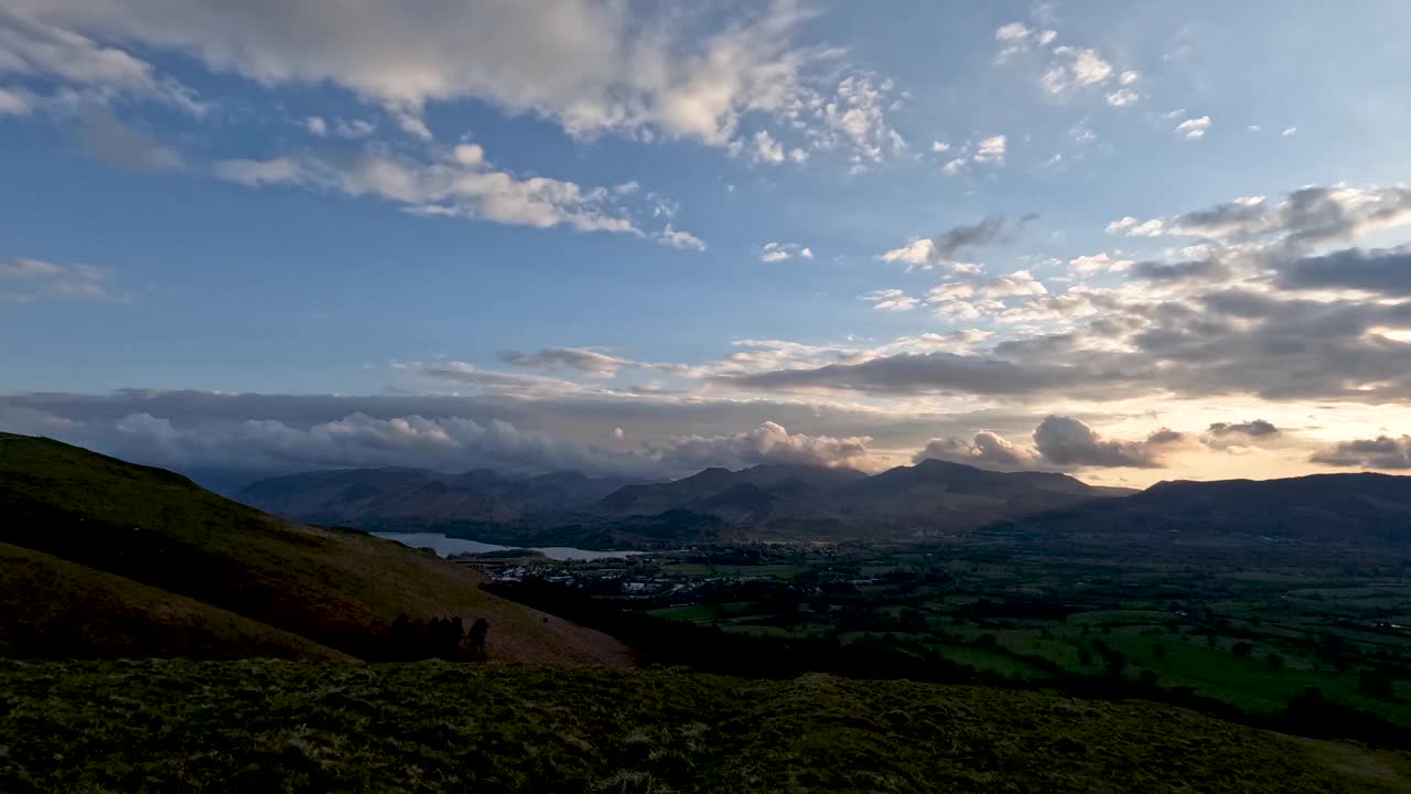 英国坎布里亚郡的凯瑟克，夕阳落在山后的4k延时照片视频下载