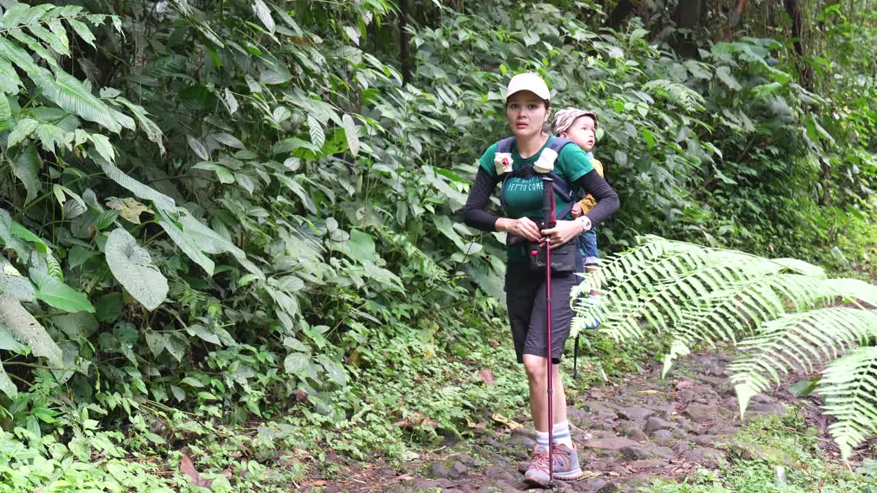 一位年轻的母亲背着孩子在森林里徒步旅行视频素材