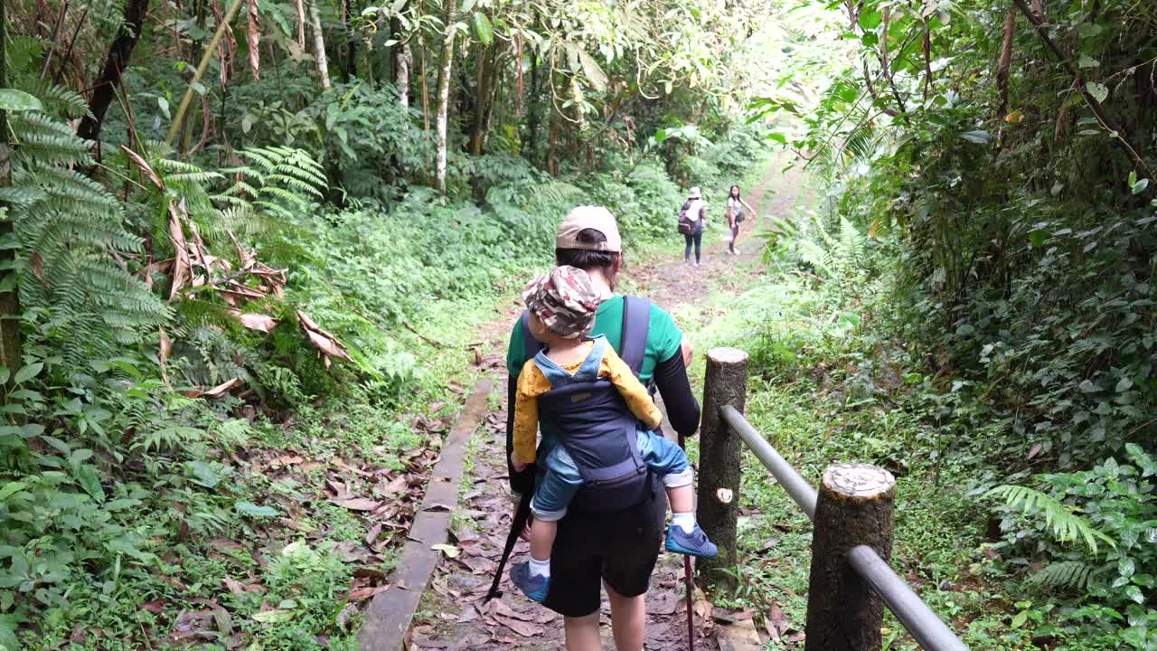 一位年轻的母亲背着孩子在森林里徒步旅行视频素材