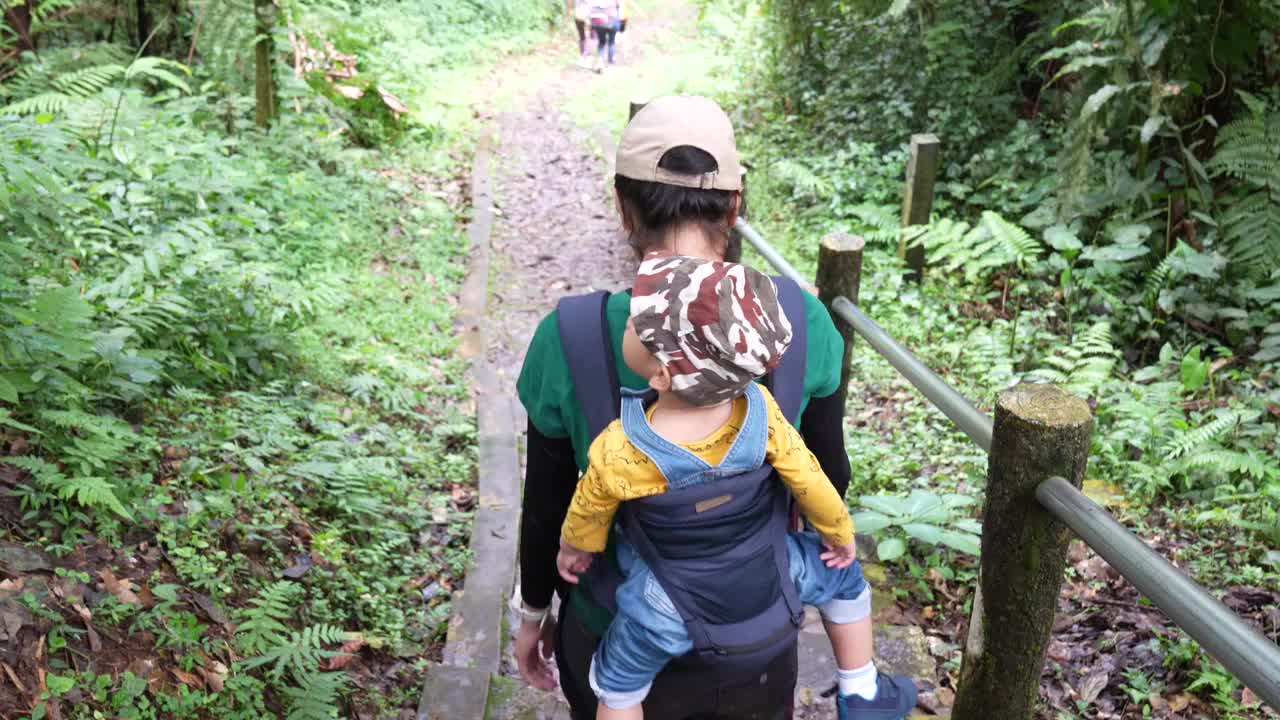 一位年轻的母亲背着孩子在森林里徒步旅行视频素材