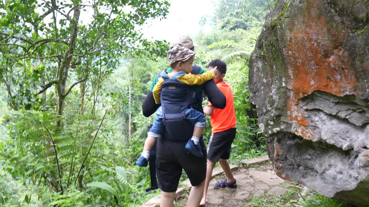 一位年轻的母亲背着孩子在森林里徒步旅行视频下载