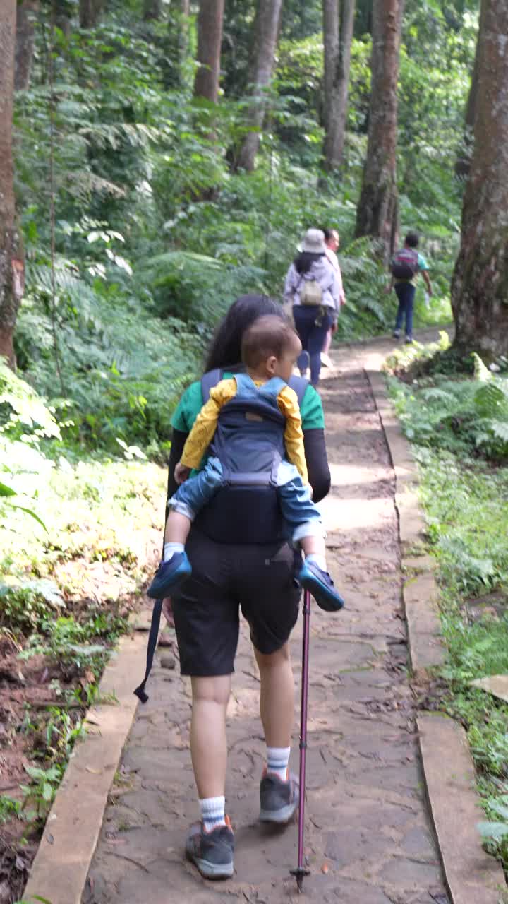 一位年轻的母亲背着孩子在森林里徒步旅行视频素材