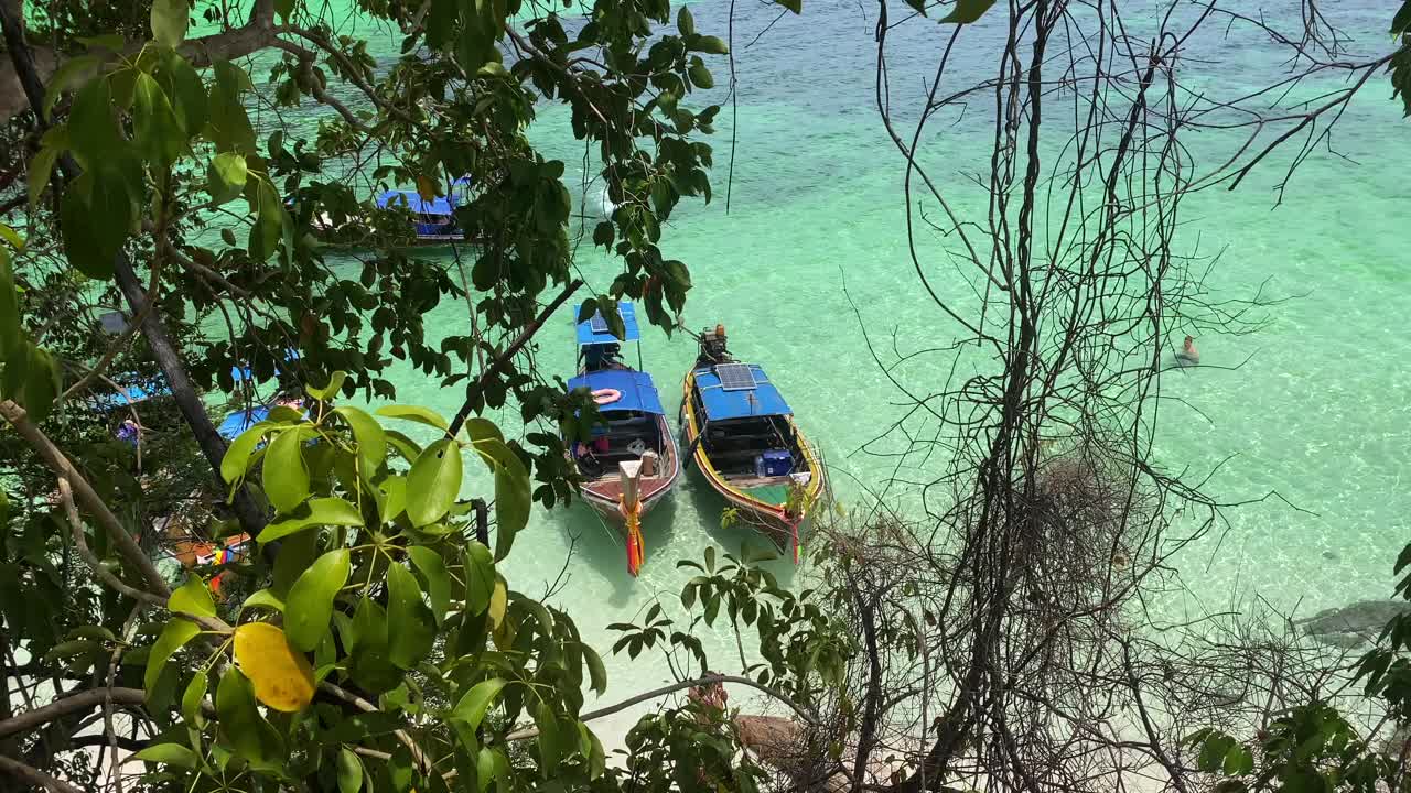 清澈的海滩和岛上的木制游船视频下载