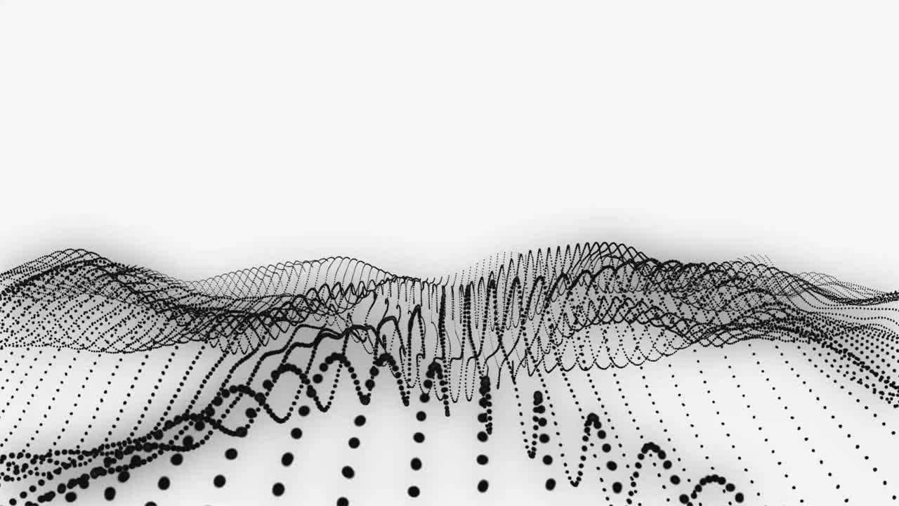 数字黑白点在黑色抽象信息背景下形成波浪。未来的、数字化的、抽象的、与点阵技术连接的网络信息点阵上的一波数字波动画。视频素材
