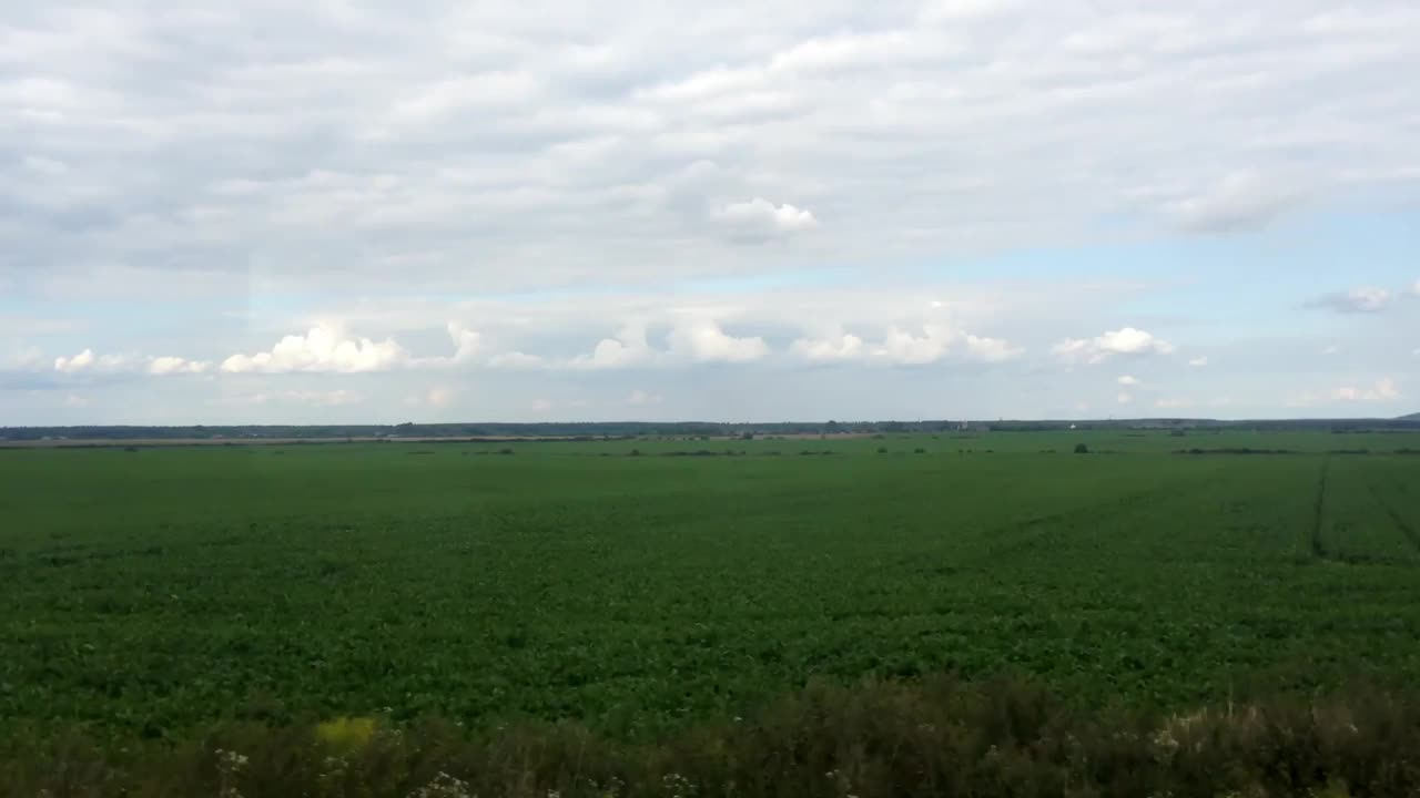 一大片绿草地，背景是多云的天空视频素材