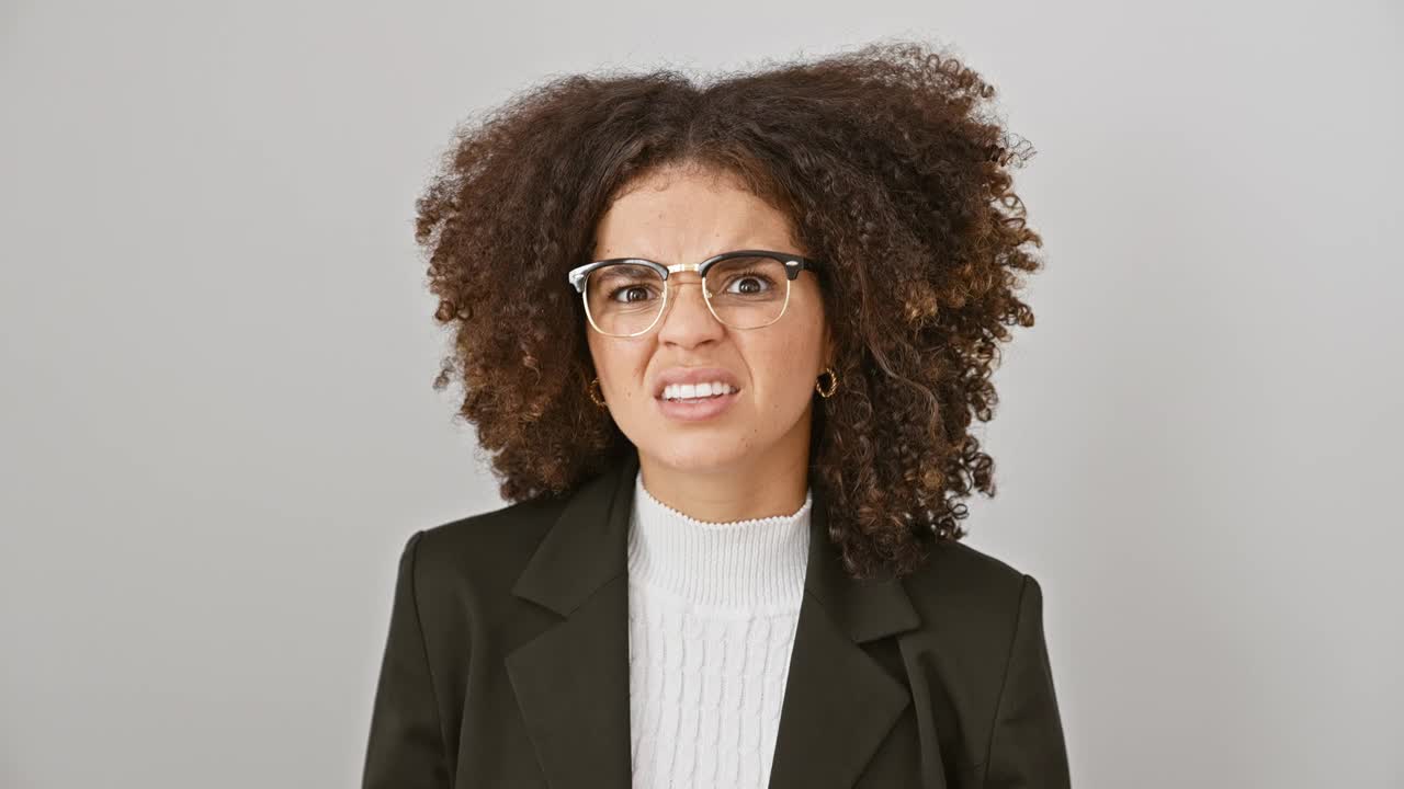 西班牙裔卷发女子，手贴着耳朵，微笑着听着八卦、老妇人的故事或谣言——耳聋概念。隔离在白色背景上视频素材