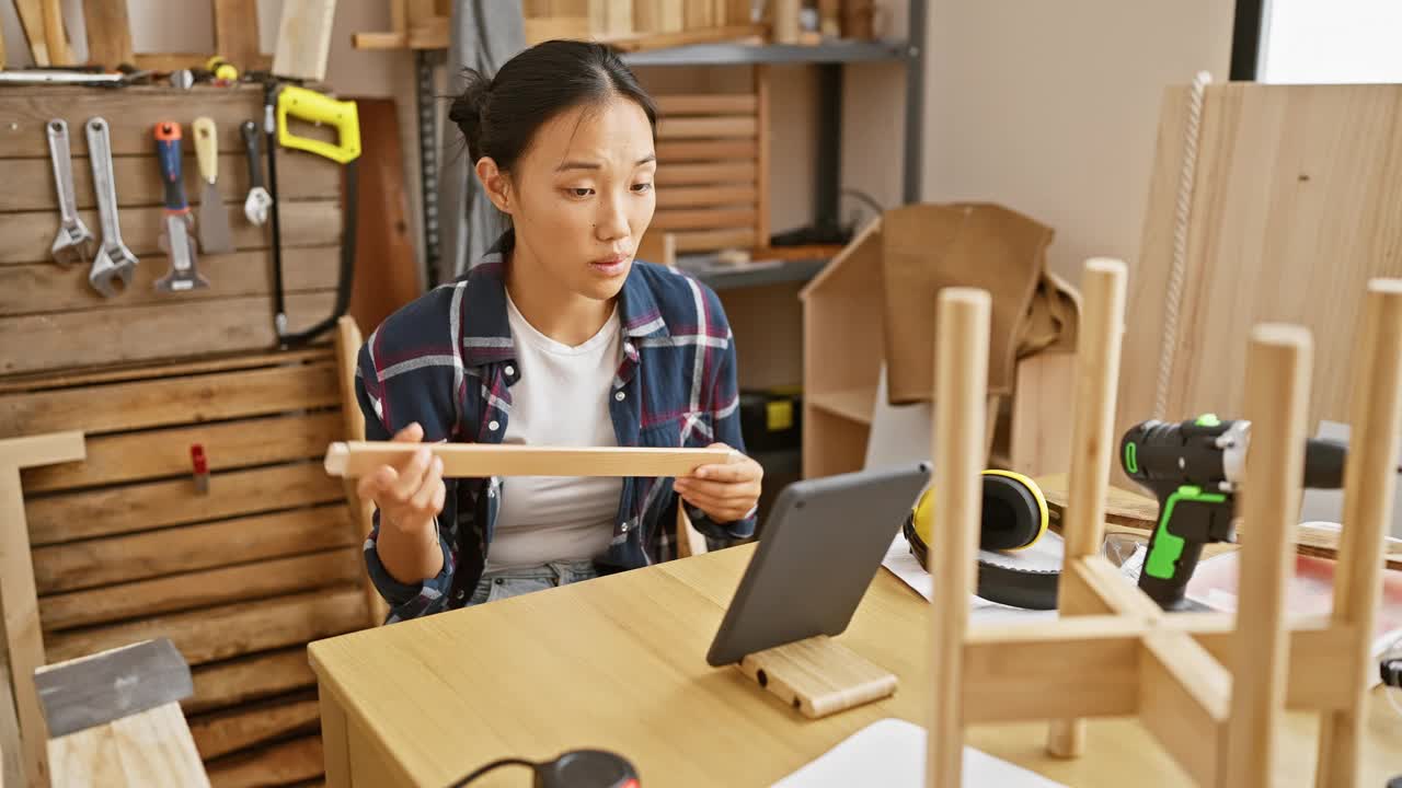 一名中国妇女在设备齐全的木工车间里用数码平板电脑检查木材视频素材