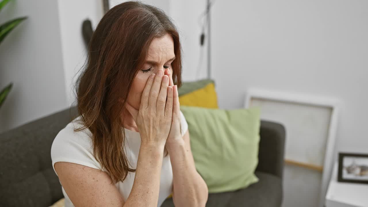 一位中年妇女愁眉苦脸地坐在室内的灰色沙发上视频素材