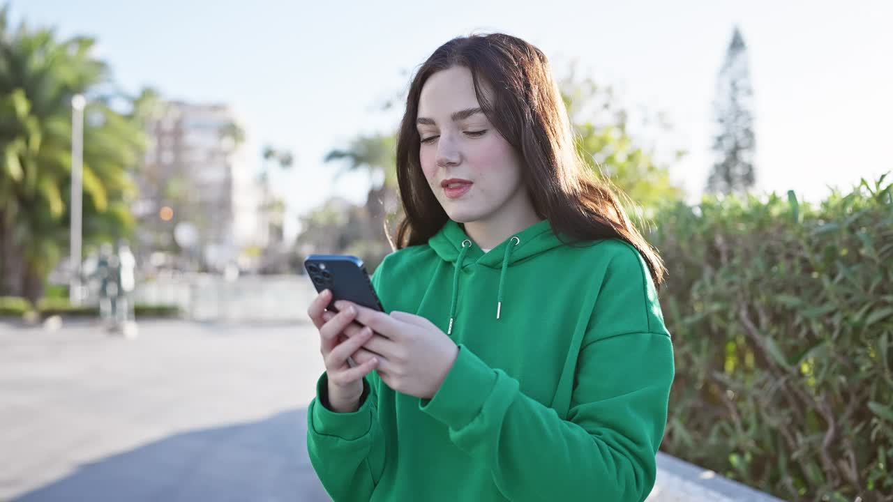 穿着绿色卫衣的年轻白人女子在阳光明媚的公园户外使用智能手机。视频素材