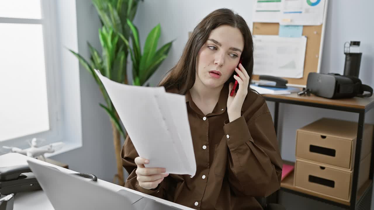 一位年轻的职业女性在现代化的办公室里一心多用，一边用红色的电话一边专心地阅读文件。视频素材