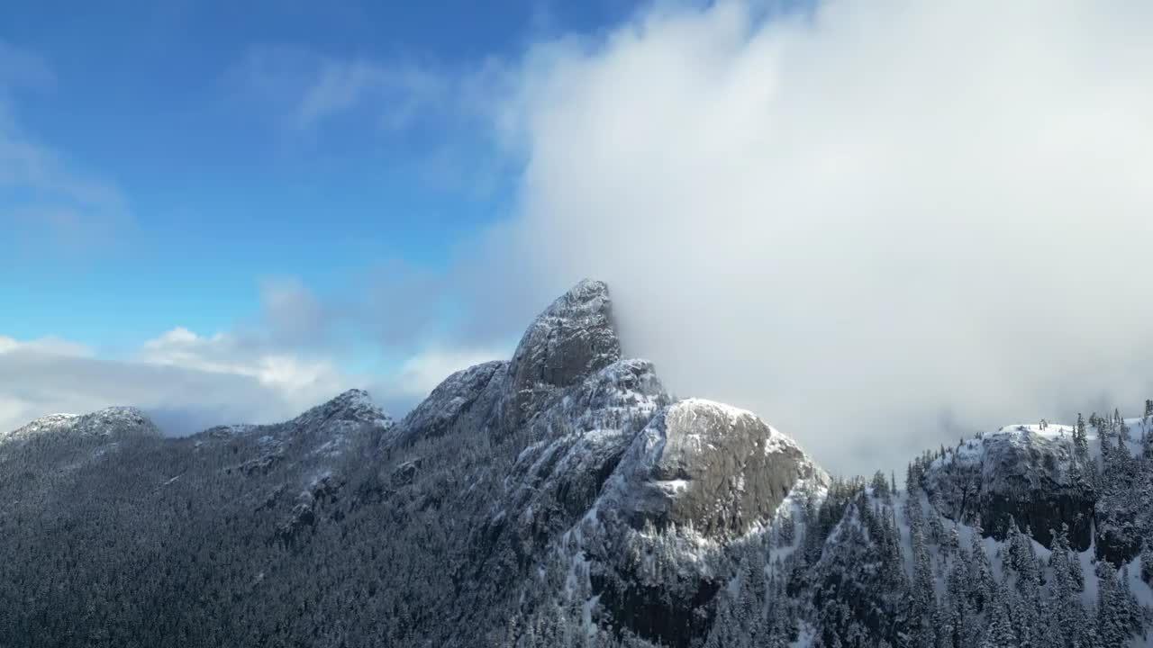 有雪和树的落基山峰。蓝天白云。晚霞，春日。加拿大不列颠哥伦比亚省。视频素材