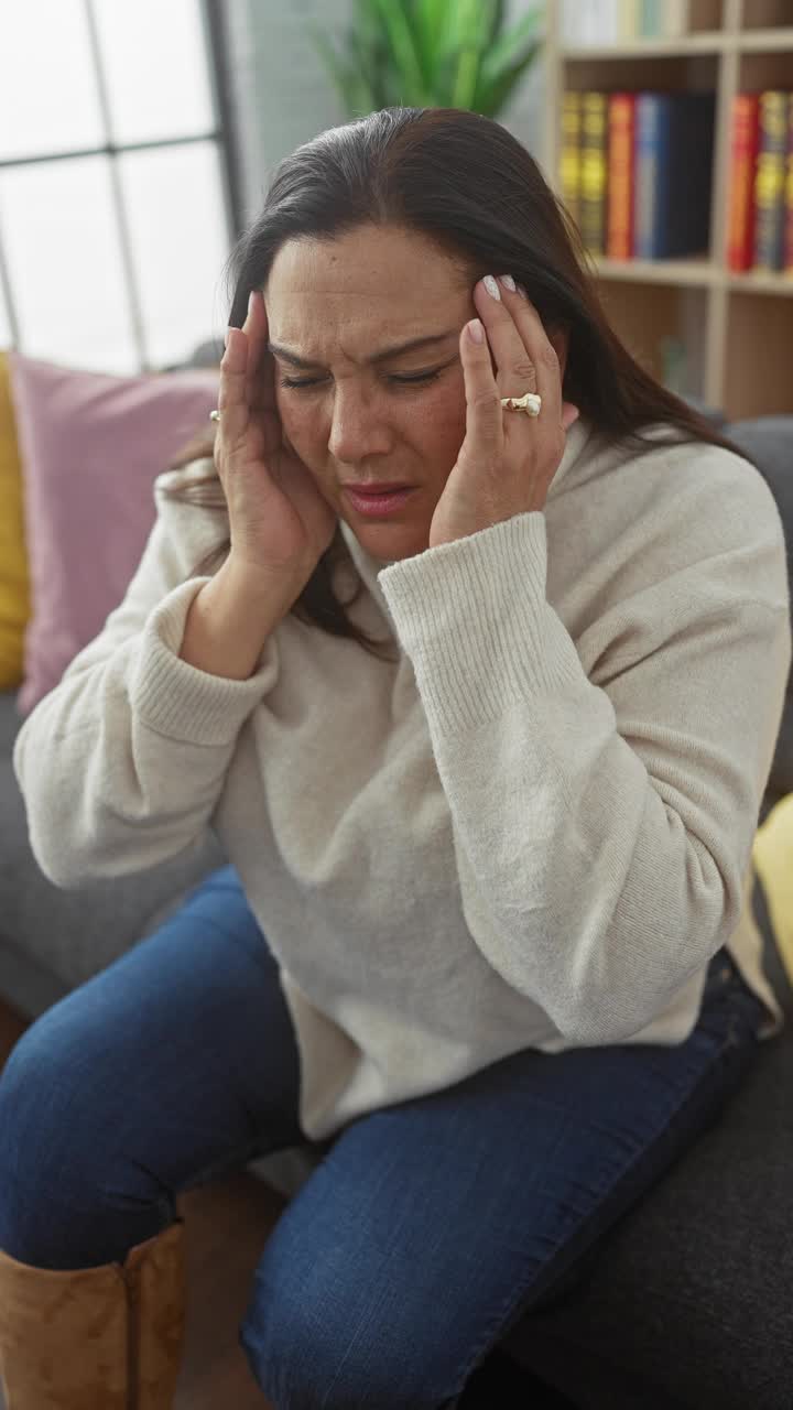 成熟的西班牙女人坐在舒适的客厅里感到头痛。视频素材